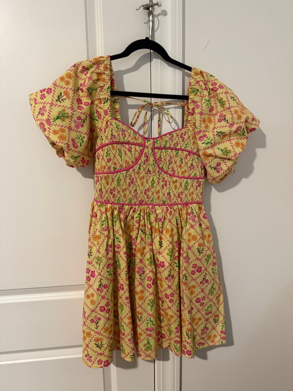 NWT Shop The Muse Yellow Floral Puff-Sleeve Dress with Pink Trim
